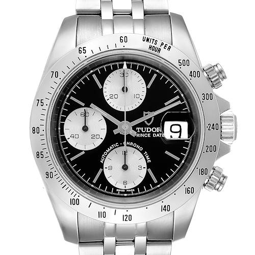 The image shows a front view of the Tudor Prince 79280 Men's Stainless Steel Black Dial 79280 Men's Stainless Steel Black Dial model watch, highlighting the dial, subdials, bezel, bracelet, and crown.