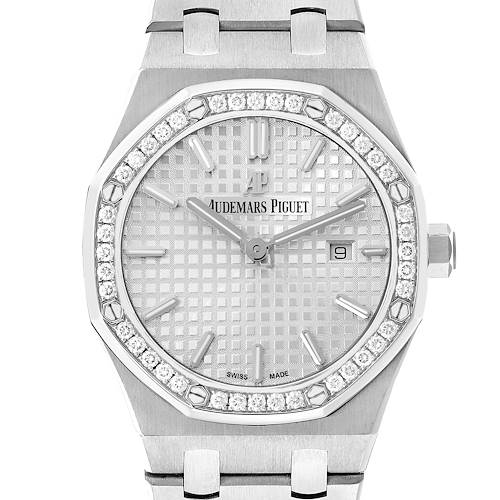 The Audemars Piguet Royal Oak 67651ST Women's Stainless Steel Silver Dial watch is shown from the front, displaying the face, bezel, bracelet, and crown.