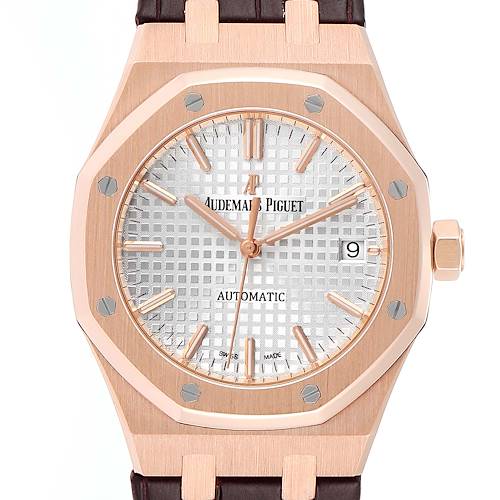This Audemars Piguet Royal Oak 15450OR.OO.D088CR.01 Men's Rose Gold Silver Dial 15450OR.OO.D088CR.01 Men's Rose Gold Silver Dial watch is shown from a front angle, displaying the dial, bezel, and crown.