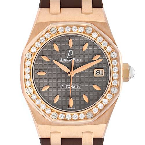 The Audemars Piguet Royal Oak 77321OR Women's Rose Gold Brown Dial watch is shown from the front, displaying the bezel, dial, and date window.