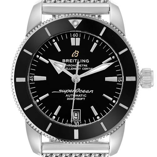 The Breitling Superocean AB2010 Men's Stainless Steel Black Dial watch is shown from a front angle, displaying the face, bezel, crown, and part of the bracelet.
