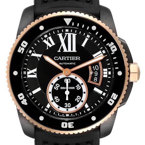 The image shows a front view of the Calibre de Cartier watch by Cartier, featuring its dial, hands, and bezel.