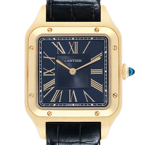 The Cartier Santos Dumont WGSA0077 Men's Yellow Gold Blue Dial watch is shown from a frontal angle, featuring the face, Roman numerals, gold case, and blue cabochon crown.