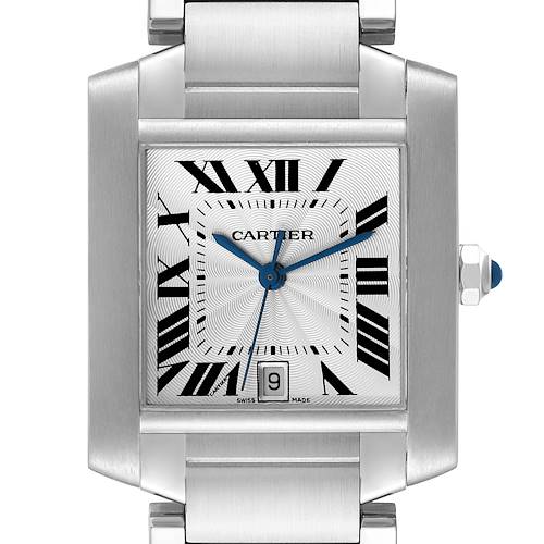 This image shows a front view of the Cartier Tank Francaise W51002Q3 Men's Stainless Steel Silver Dial W51002Q3 Men's Stainless Steel Silver Dial watch, displaying the dial, Roman numerals, and date window.