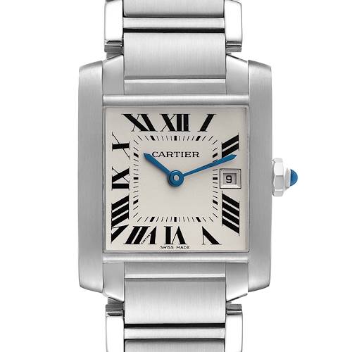 The Cartier Tank Francaise W51011Q3 Men's Stainless Steel Silver Dial W51011Q3 Men's Stainless Steel Silver Dial watch is shown from a front angle highlighting its silver bracelet, rectangular case, and dial with Roman numerals.