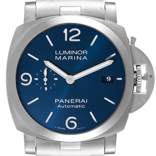 This image shows a frontal view of a Panerai Luminor PAM01316 Men's Stainless Steel Blue Dial PAM01316 Men's Stainless Steel Blue Dial Marina watch with a blue dial, date window, and subdial.