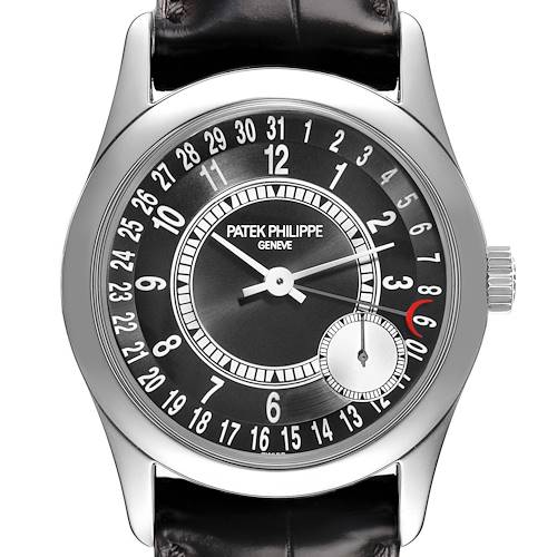 The watch face of the Patek Philippe Calatrava 6000G Men's White Gold Grey Dial is shown from a straight-on angle, highlighting the dial and hands.