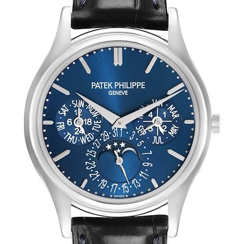 The Patek Philippe Complications 5140P Men's Platinum Blue Dial watch is shown from the front, displaying the dial with day, date, month, and moon phase subdials.