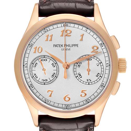 The Patek Philippe Complications 5170R Men's Rose Gold Silver Dial watch is shown from a front angle, displaying the dial, hands, subdials, and crown.
