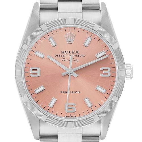 The image shows a Rolex Air-King 14010 Men's Stainless Steel Pink Dial watch from a top-down angle, highlighting the face, bezel, crown, and part of the bracelet.