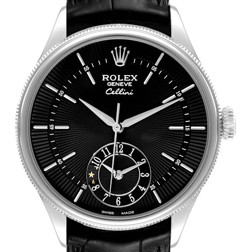 The image shows a front view of the Rolex Cellini 50529 Men's White Gold Black Dial 50529 Men's White Gold Black Dial watch, highlighting the black dial, indices, subdial, and crown.