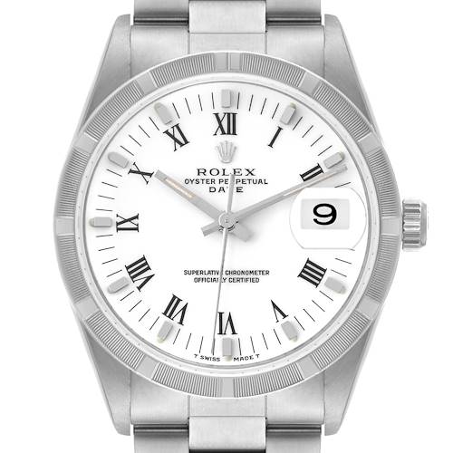 The Rolex Date 15210 Men's Stainless Steel White Dial 15210 Men's Stainless Steel White Dial model is shown from a front angle, highlighting the dial, bezel, and part of the bracelet.