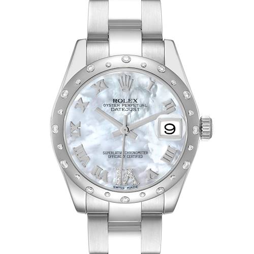 The Rolex Mid-Size 178344 Women's Stainless Steel Mother of Pearl Dial Oyster Perpetual Datejust watch is shown from a top-down angle, highlighting its dial, bezel, and bracelet.