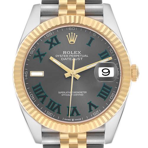 The Rolex Datejust 41 126333 Men's Steel and Gold (two tone) Grey Dial is shown from a front angle, displaying the full dial, fluted bezel, and part of the Jubilee bracelet.