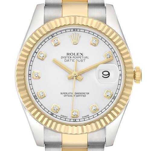 The Rolex Datejust 41 116333 Men's Steel and Gold (two tone) Silver Dial is shown from a frontal angle, displaying the dial, fluted bezel, indices, and part of the two-tone bracelet.
