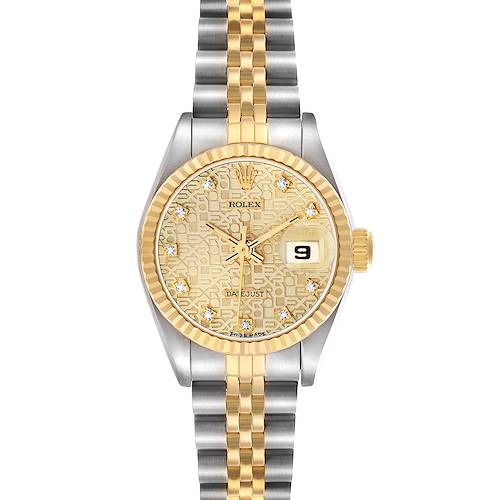 The Rolex Datejust 69173 Women's Steel and Gold (two tone) Champagne Dial watch is shown from a front view, highlighting the gold dial, diamond markers, and the two-tone Jubilee bracelet.