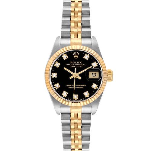 The Rolex Datejust 69173 Women's Steel and Gold (two tone) Black Dial watch is shown from the front, displaying the face, bezel, bracelet, and date window.