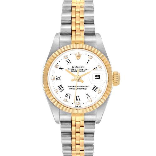 The Rolex Datejust 69173 Women's Steel and Gold (two tone) White Dial watch is shown from a top view, featuring its two-tone bracelet, fluted bezel, and white dial.
