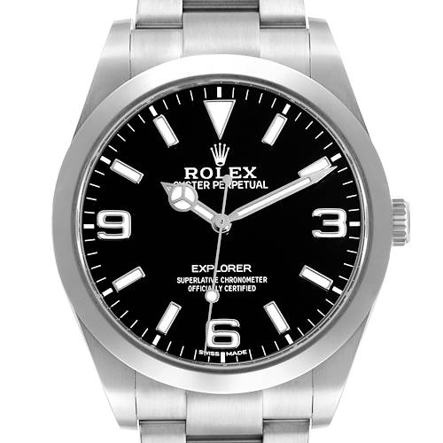The Rolex Explorer 214270 Men's Stainless Steel Black Dial watch is shown from a front angle, displaying its dial, hour markers, hands, and part of the bracelet.