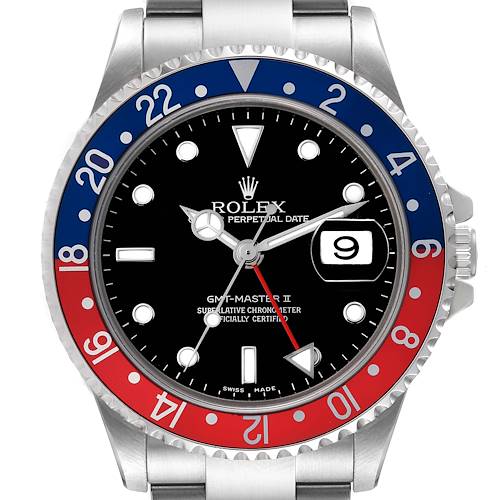 The image shows a front view of a Rolex GMT-Master 16710 Men's Stainless Steel Black Dial 16710 Men's Stainless Steel Black Dial II, highlighting the dial, bezel, and bracelet.