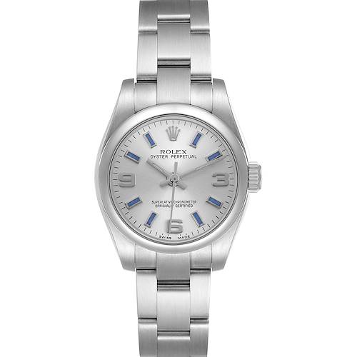 The Rolex Oyster Perpetual 176200 Women's Stainless Steel Silver Dial watch is shown from a top-down angle, displaying its dial, case, and bracelet.