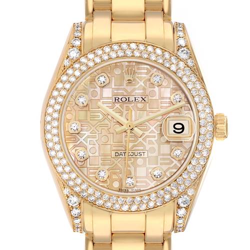 The Rolex Pearlmaster 81358 Women's Yellow Gold Mother of Pearl Dial watch is shown from the front, highlighting its diamond bezel, patterned dial, and gold bracelet.