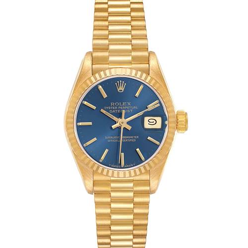 The Rolex President 69178 Women's Yellow Gold Blue Dial watch is shown from the front, featuring a blue dial, gold case, and bracelet.