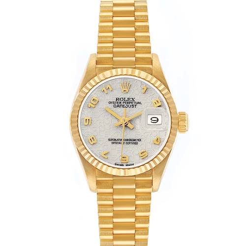 The Rolex President 69178 Women's Yellow Gold White Dial model watch is shown from a top-down angle, displaying its face, bezel, crown, and bracelet.