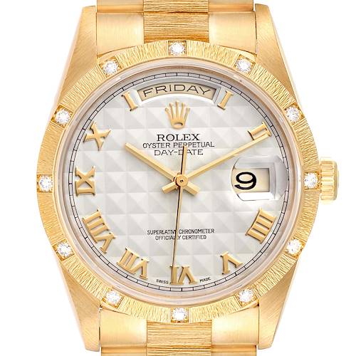 The image shows a frontal view of the Rolex President 18308 Men's Yellow Gold Beige Dial 18308 Men's Yellow Gold Beige Dial model watch, highlighting the dial, bezel, and bracelet.
