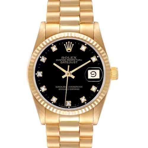 The Rolex President 68278 Women's Yellow Gold Black Dial model is shown from a front angle, highlighting the dial, bezel, bracelet, and crown.