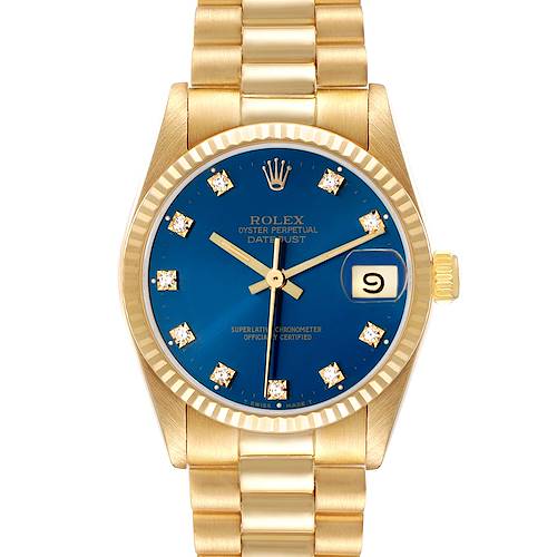 The Rolex President 68278 Women's Yellow Gold Blue Dial model is shown from the front, displaying the blue dial, diamond markers, gold bezel, and bracelet.