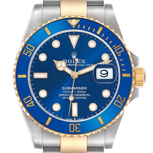 The Rolex Submariner 126613 Men's Steel and Gold (two tone) Blue Dial watch is shown from the front, highlighting the blue dial, gold bezel, and stainless steel and gold bracelet.