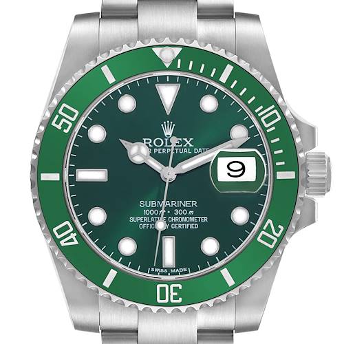 The Rolex Submariner 116610LV Men's Stainless Steel Green Dial watch is shown from a head-on angle, displaying its green bezel, dial, and date window.