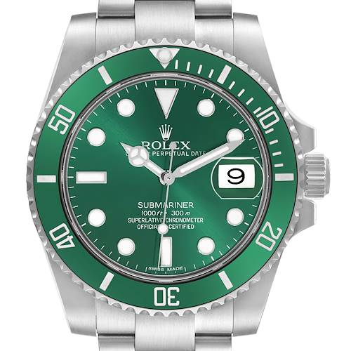 The image shows a front view of a Rolex Submariner 116610LV Men's Stainless Steel Green Dial, detailing the green dial, bezel, hands, and bracelet.
