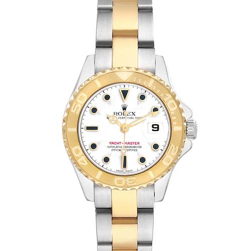 The Rolex Yacht-Master 169623 Women's Steel and Gold (two tone) White Dial is shown from a top-down angle, displaying its bezel, dial, and two-tone bracelet.