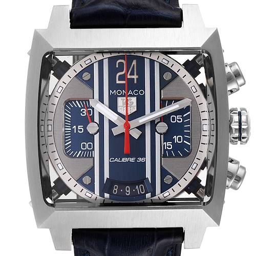 This image shows the front view of the Tag Heuer Monaco CAL5111.FC6299 Men's Stainless Steel Blue Dial CAL5111.FC6299 Men's Stainless Steel Blue Dial with Calibre 36, featuring a square case, chronograph dials, and date display.