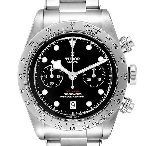 The image shows the Tudor Heritage Black Bay 79350 Men's Stainless Steel Black Dial 79350 Men's Stainless Steel Black Dial watch from a top-down angle, highlighting its face, bezel, and bracelet.