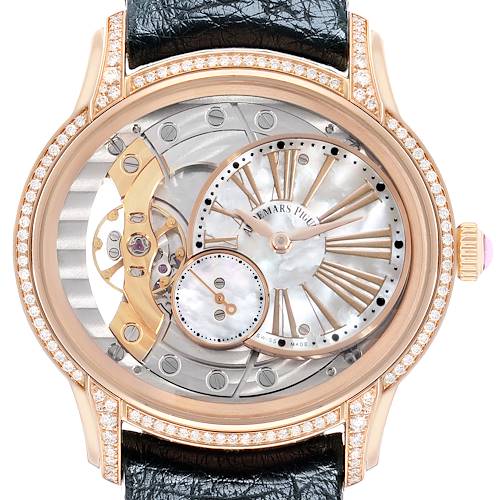 The Audemars Piguet Millenary 77247OR Women's Rose Gold Mother of Pearl Dial watch is shown from the front, displaying its dial, visible mechanics, and diamond-accented case.