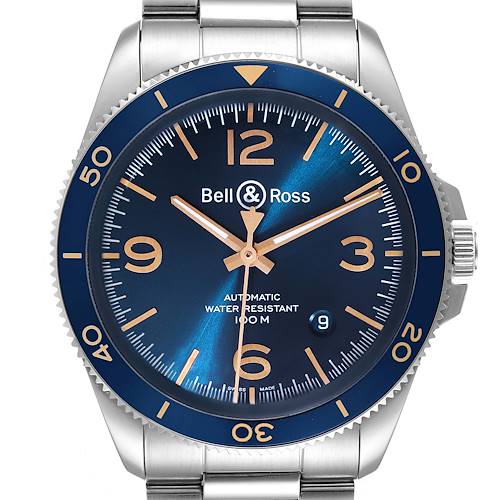 This image shows a frontal view of a Bell & Ross Heritage BRV292-BU-G-ST/SST Men's Stainless Steel Blue Dial BRV292-BU-G-ST/SST Men's Stainless Steel Blue Dial model watch, displaying its dial, hands, bezel, and part of the bracelet.