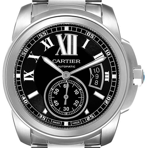 The image shows the front view of a Calibre de Cartier watch by Cartier, displaying its face, hands, and part of the bracelet.