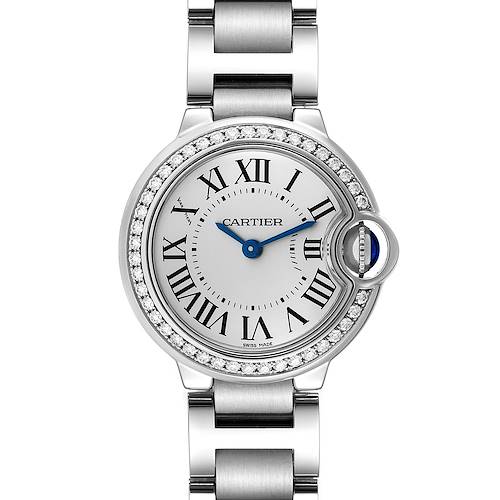 The image shows a front view of the Ballon Bleu model by Cartier, featuring its Roman numeral dial and metal bracelet.