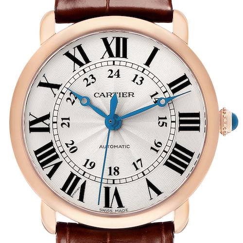 The Cartier Ronde WGRN0006 Men's Rose Gold Silver Dial watch is shown from the front, displaying the face, Roman numerals, blue hands, and part of the leather strap.