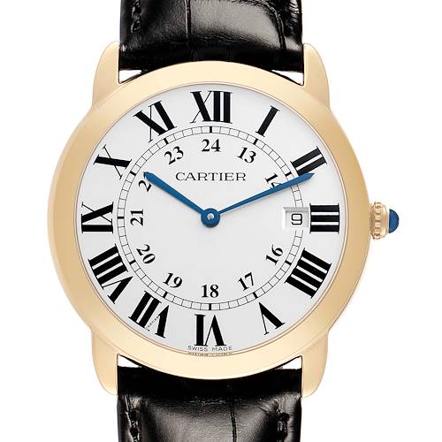 The Cartier Ronde W6700455 Men's Steel and Gold (two tone) Silver Dial watch is shown from the front, featuring its round face, Roman numerals, blue hands, date window, and leather strap.