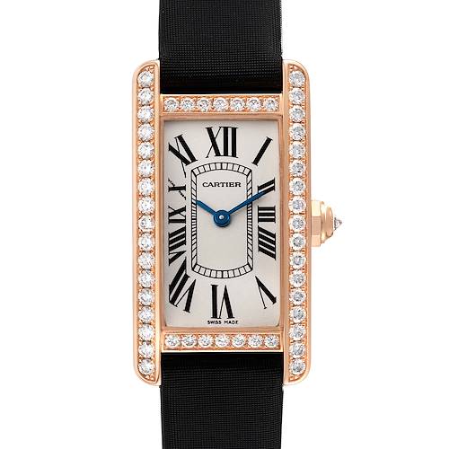 The image shows a Cartier Tank Américaine watch from the front, highlighting its rectangular dial, Roman numerals, and diamond bezel.