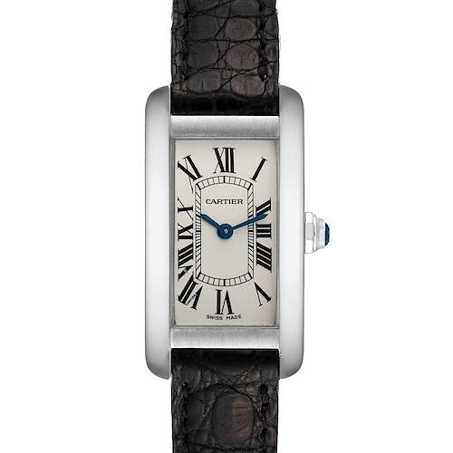 The image shows a front view of the Cartier Tank Americaine W2601956 Women's White Gold Silver Dial W2601956 Women's White Gold Silver Dial watch, highlighting its rectangular case, Roman numerals, and black strap.