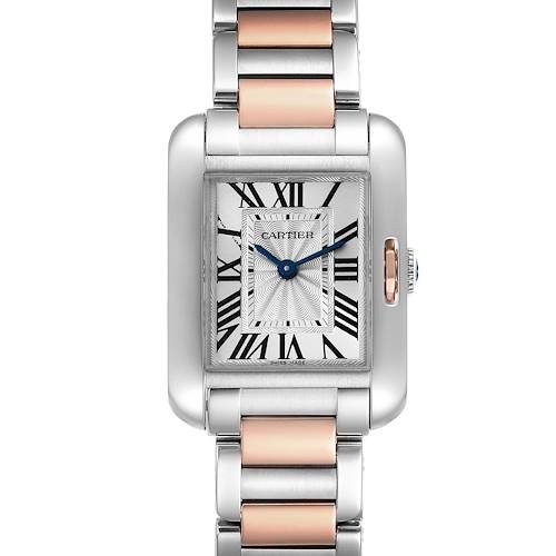This image shows a frontal view of the Cartier Tank Anglaise W5310036 Women's Steel and Gold (two tone) Silver Dial W5310036 Women's Steel and Gold (two tone) Silver Dial watch, highlighting its rectangular dial and two-tone bracelet.