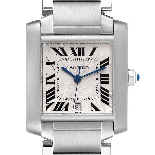 This image displays a frontal view of the Cartier Tank Francaise W51002Q3 Men's Stainless Steel Silver Dial W51002Q3 Men's Stainless Steel Silver Dial watch, showing the dial, hands, Roman numerals, and part of the bracelet.