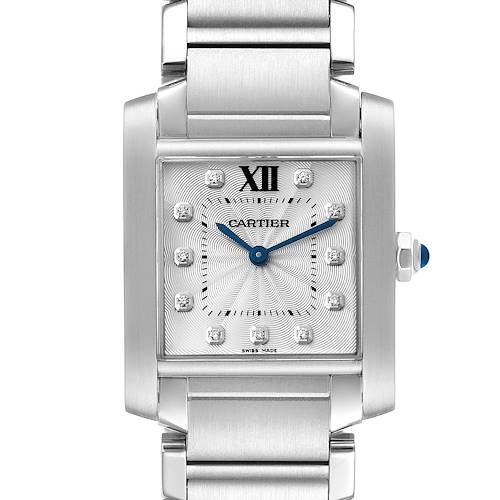 The image shows a front view of a Cartier Tank Francaise WE110007 Women's Stainless Steel Silver Dial WE110007 Women's Stainless Steel Silver Dial watch, highlighting its dial, bracelet, and case.