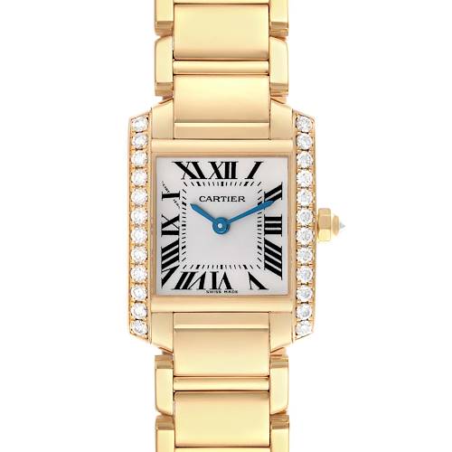 The Cartier Tank Française watch is shown from the front, highlighting its gold bracelet, diamond bezel, and Roman numeral dial.