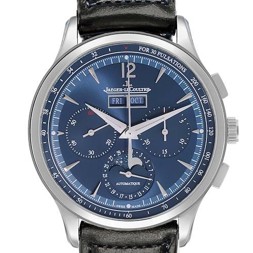The Jaeger LeCoultre Master Q4138480 Men's Stainless Steel Blue Dial watch is shown from a front angle, displaying the dial, hands, subdials, and pushers.
